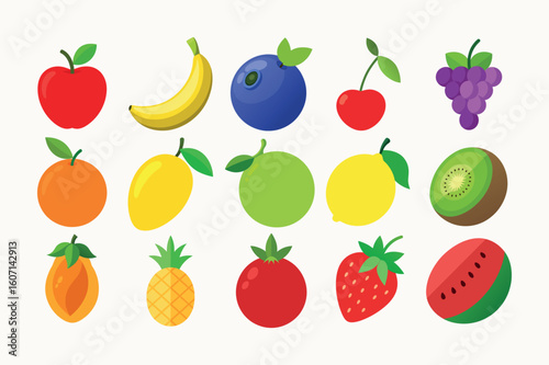 Set of Fresh Fruit Items on White Background