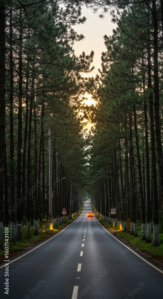 Obraz premium A picturesque journey down a straight asphalt road lined with tall pine trees, heading towards a glowing horizon.