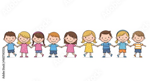 Children holding hands cartoon illustration