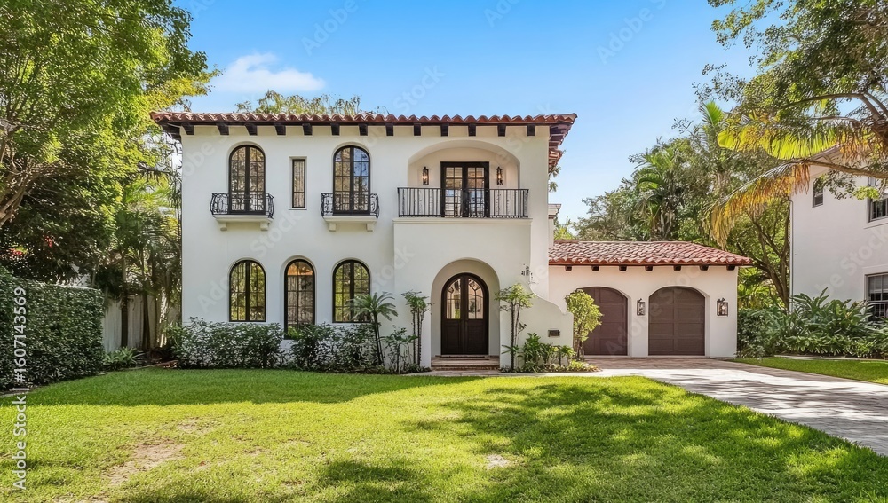 Naklejka premium Two-story, Spanish-style home with manicured lawn