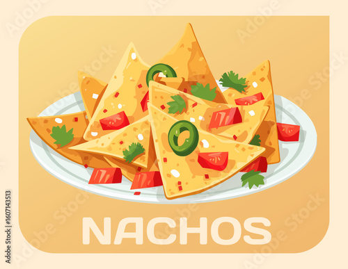 Mouthwatering Nacho Vector Illustration. Delicious vector illustration of nachos isolated on beige background image features a heaping pile of golden tortilla chips, diced tomatoes, and fresh cilantro