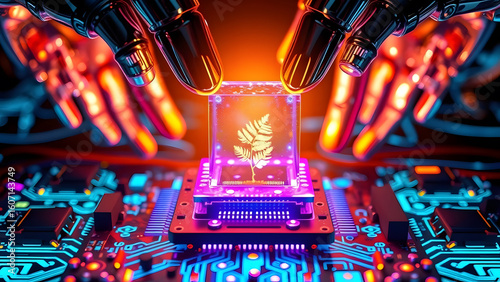 Robotic arms meticulously manipulate a glowing plant in a transparent cube on an advanced circuit board, symbolizing biotechnology and sustainable future.