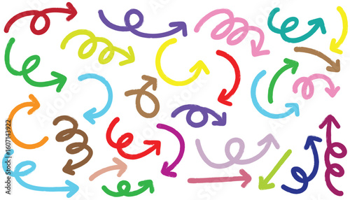 Set of cute pen line doodle element vector. Hand drawn doodle collection of arrows colorful.