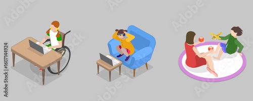 3D Isometric Flat Vector Illustration of Awareness and Inclusion in Childhood, Engaging Special Needs Students In Educational And Recreational Activities
