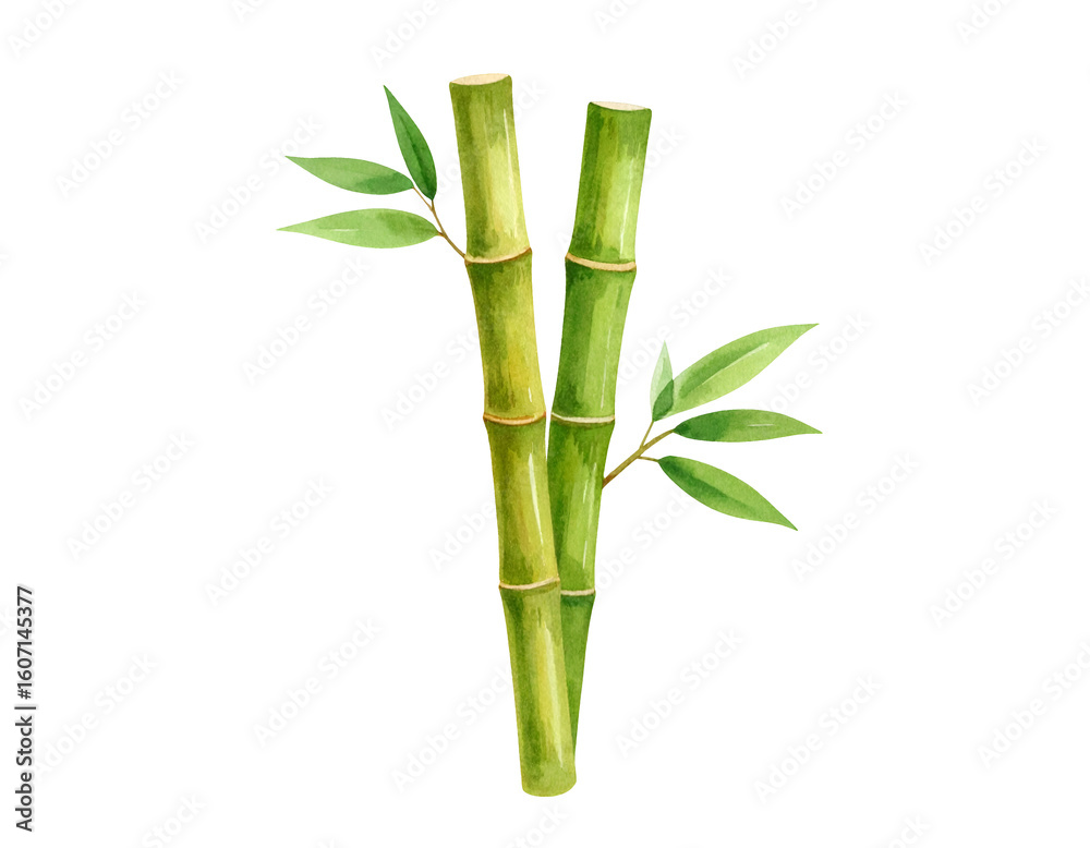 Fototapeta premium Fresh green bamboo stalks with vibrant leaves on isolated background