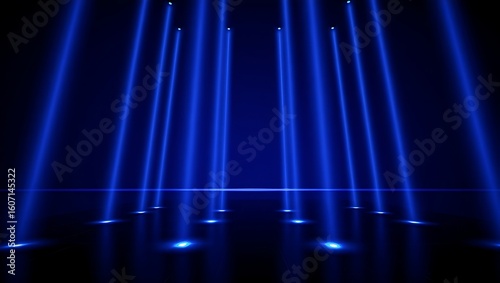 Abstract vertical blue light beams illuminate a dark stage creating a dramatic and futuristic atmosphere