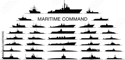 Collection of maritime command ship silhouettes isolated on transparent background