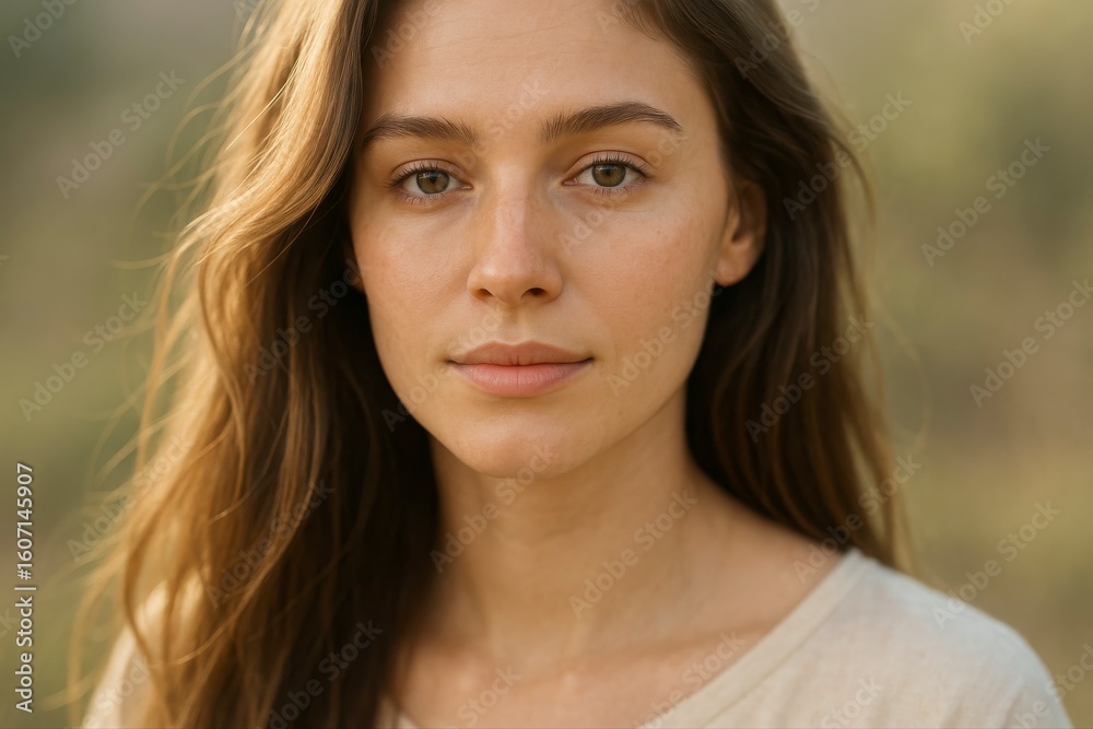 Fototapeta premium Close up portrait of a woman with long brown hair and light complexion silhouette
