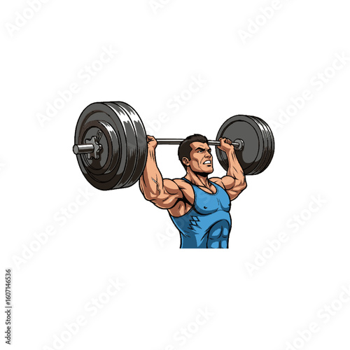 Muscular cartoon weightlifter lifting a heavy barbell, symbolizing strength and bodybuilding.