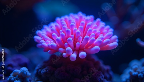 Detailed macro photographs showcasing vibrant pink coral polyps under blue and purple aquarium lighting. Ideal for marine biology and underwater nature visuals