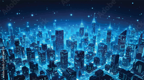 Futuristic blue cityscape depicting a high-tech metropolis with digitized buildings and lights.