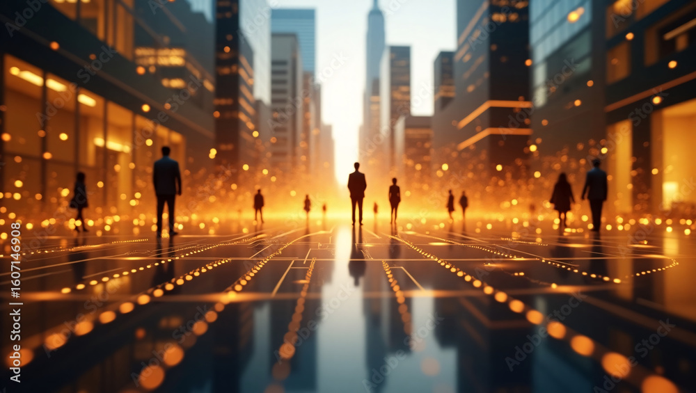 Fototapeta premium Silhouettes of business people walk on a reflective urban path, surrounded by glowing golden lights and skyscrapers.