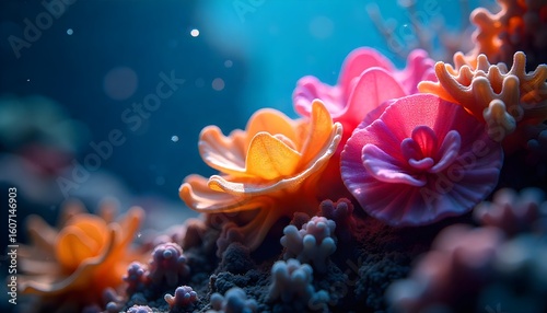 3D renders showcasing a colorful, glowing underwater world filled with diverse coral and transparent marine organisms. Perfect for nature, ocean, and fantasy themes