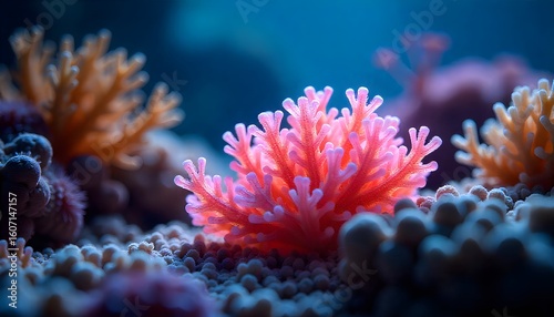 3D renders showcasing a colorful, glowing underwater world filled with diverse coral and transparent marine organisms. Perfect for nature, ocean, and fantasy themes