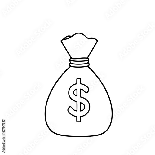Money Bag Line Art: A simple black and white vector illustration of a money bag with a dollar sign, perfect for finance and business concepts.