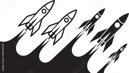 Black rockets ascending with trails space launch