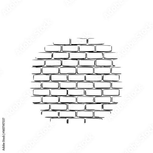 Brick Wall Sketch: A simple line art illustration of a circular brick wall section, showcasing a rough, hand-drawn style in black and white.