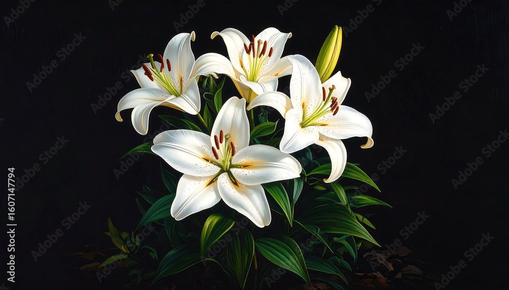 Close-up of white lilies on black background Close-up of white lilies on black background