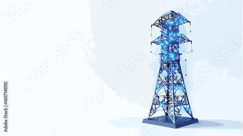 Futuristic illustration of a power grid pylon with digital glowing lights and energy.