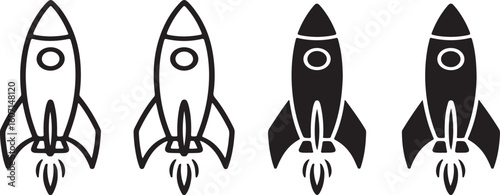 Four rocket ship icons in black and white spaceship space