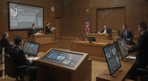 Modern courtroom technology enhances legal proceedings with data visualization and expert testimony.
