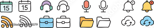 A set of icons featuring a rubber stamp and a headset, shown in both colored and line art styles.