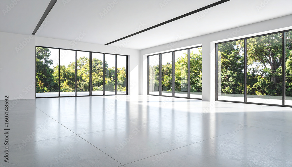 Fototapeta premium A modern office space with large windows overlooking a lush green garden natural light streams 