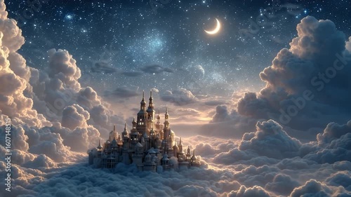 Floating kingdom hidden in moonlit clouds sparkling with stars