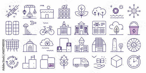 icons depicting eco urbanism, showcasing symbols of sustainability, urban greenery, and eco-friendly transportation..eps