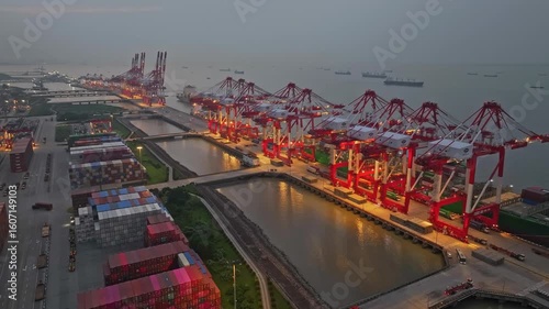 Industrial Seascape: Busy Shanghai Waigaoqiao port area at night