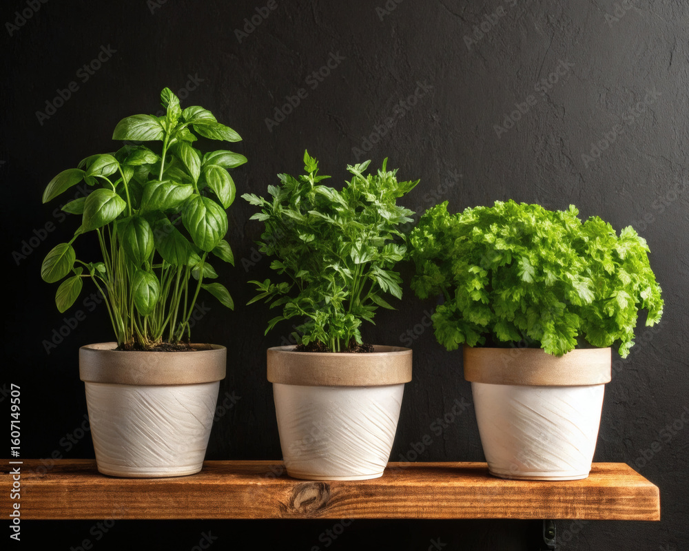 Fototapeta premium Small green plant with three leaves in a POT WITH BLACK BACKGROUND