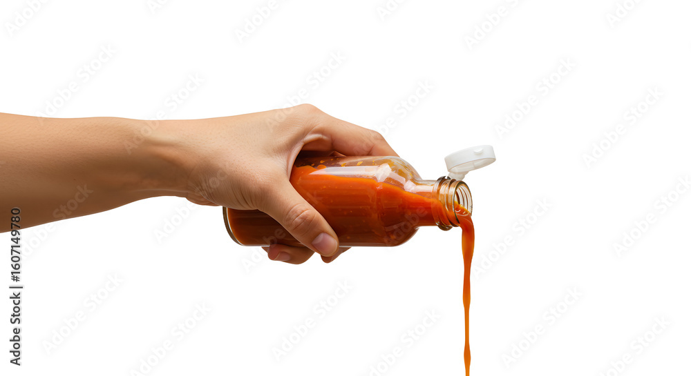 Naklejka premium Pouring Spicy Sauce from Glass Bottle Held in Hand on White