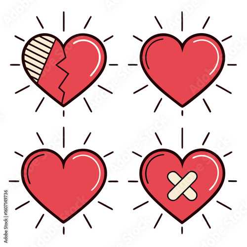Red hearts with cracks and bandages broken heart cracked heart