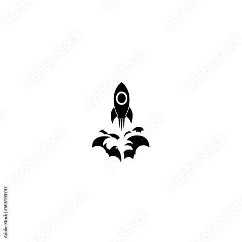 Vector icon of rocket with dust cloud below representing launch smoke and powerful liftoff