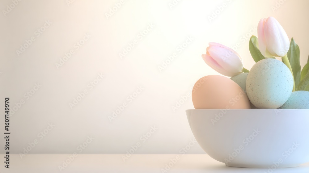 Fototapeta premium Colorful Easter eggs nestled among tulips, capturing the freshness of spring.