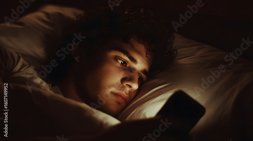 Young Man Using Smartphone in Bed at Night