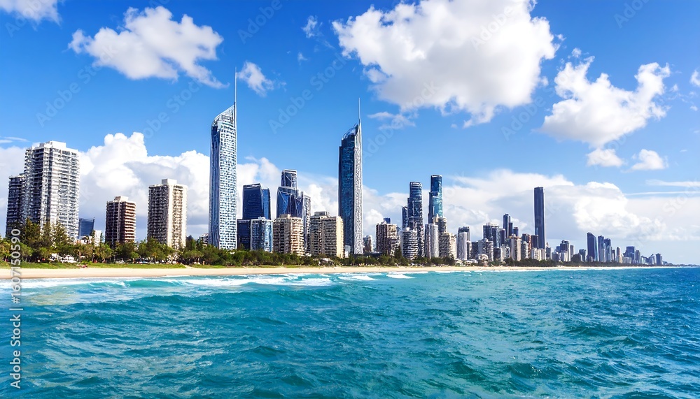 Obraz premium Coastal city skyline under a vibrant sky