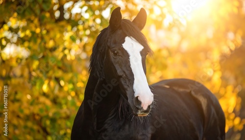 Black horse in autumn sunlight