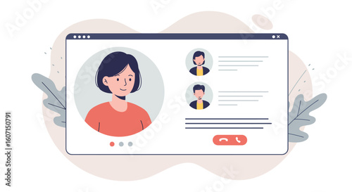 A woman in a video call with two other participants, shown on a computer screen.