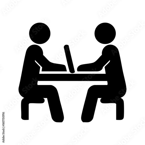 Negotiation icon two people at table black silhouette on transparent background
