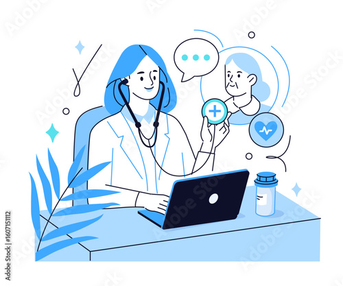 Doctor works on laptop and checks patients health online. Telemedicine, healthcare, virtual medical service concept. Vector illustration.