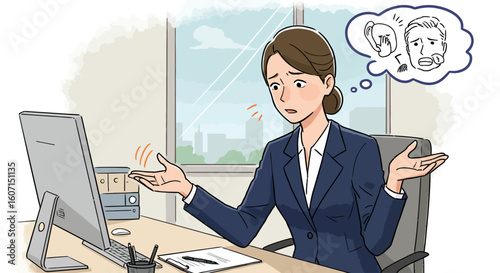 A businesswoman at her desk looks confused, thinking about an argument with her family.