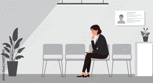 A pensive businesswoman sits alone, waiting patiently in a minimalist office waiting area.