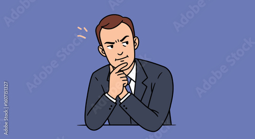 A thoughtful businessman with a pensive expression, considering something.