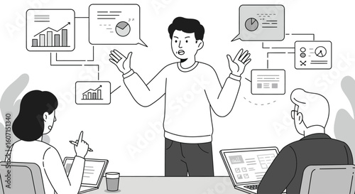A frustrated man presents data-driven insights to colleagues during a tense business meeting.