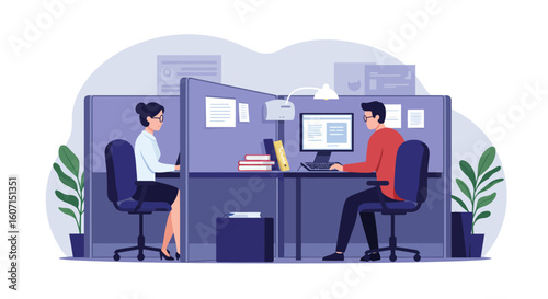 Two colleagues work diligently at adjacent desks in a modern office cubicle, focused on their computer screens.