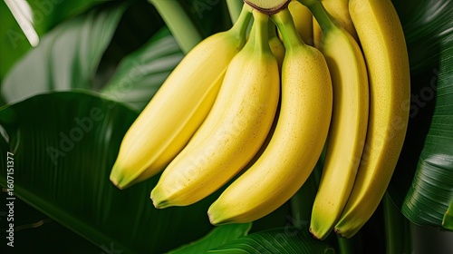 Fresh Ripe Yellow Bananas Hanging on a Tropical Green Leaf Background with Natural Lighting