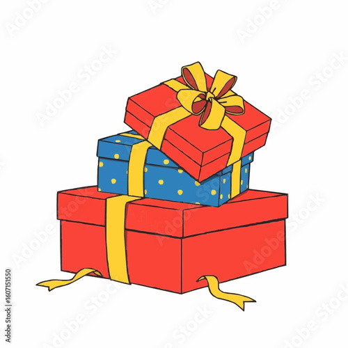 Colorful stacked gift boxes with bows and ribbons  