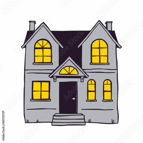 Illustrated spooky house with yellow windows in a Halloween style  