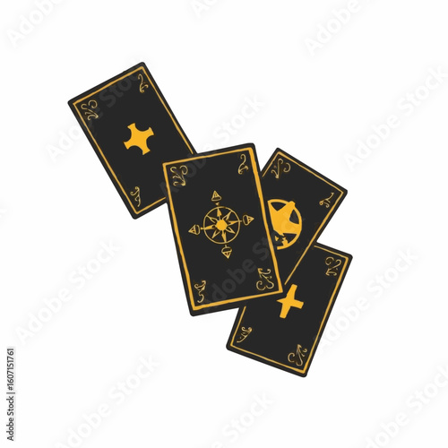 Playing cards with mystical symbols in black and gold design  